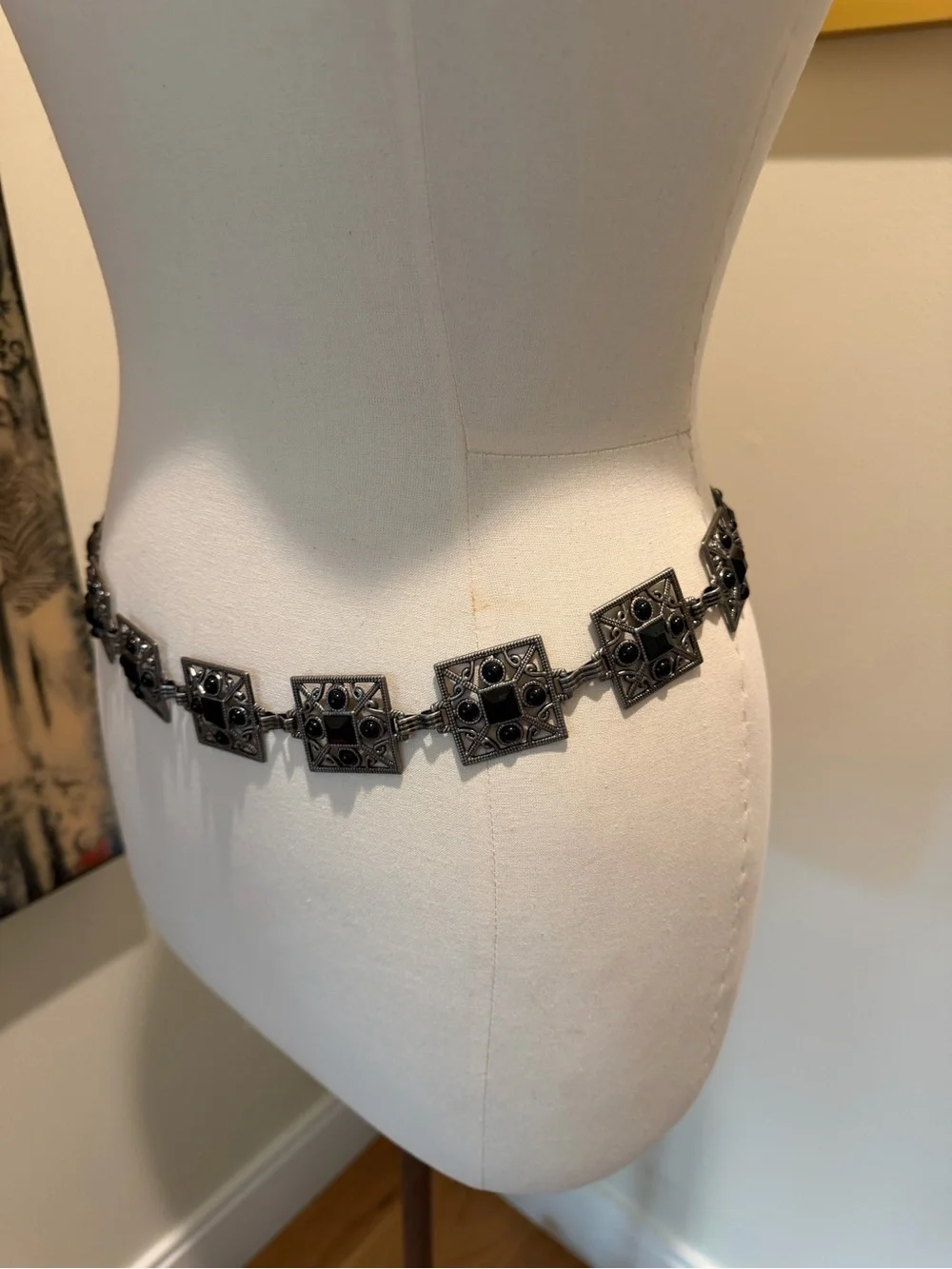 Vintage-Inspired Silver & Black Filigree Square Link Waist Belt